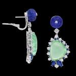 Custom one-of-a-kind 18kt white gold drop earrings with free-form Paraiba tourmaline, Tanzanite, blue sapphires and diamonds. Side. FRIDA | Fine Jewellery.