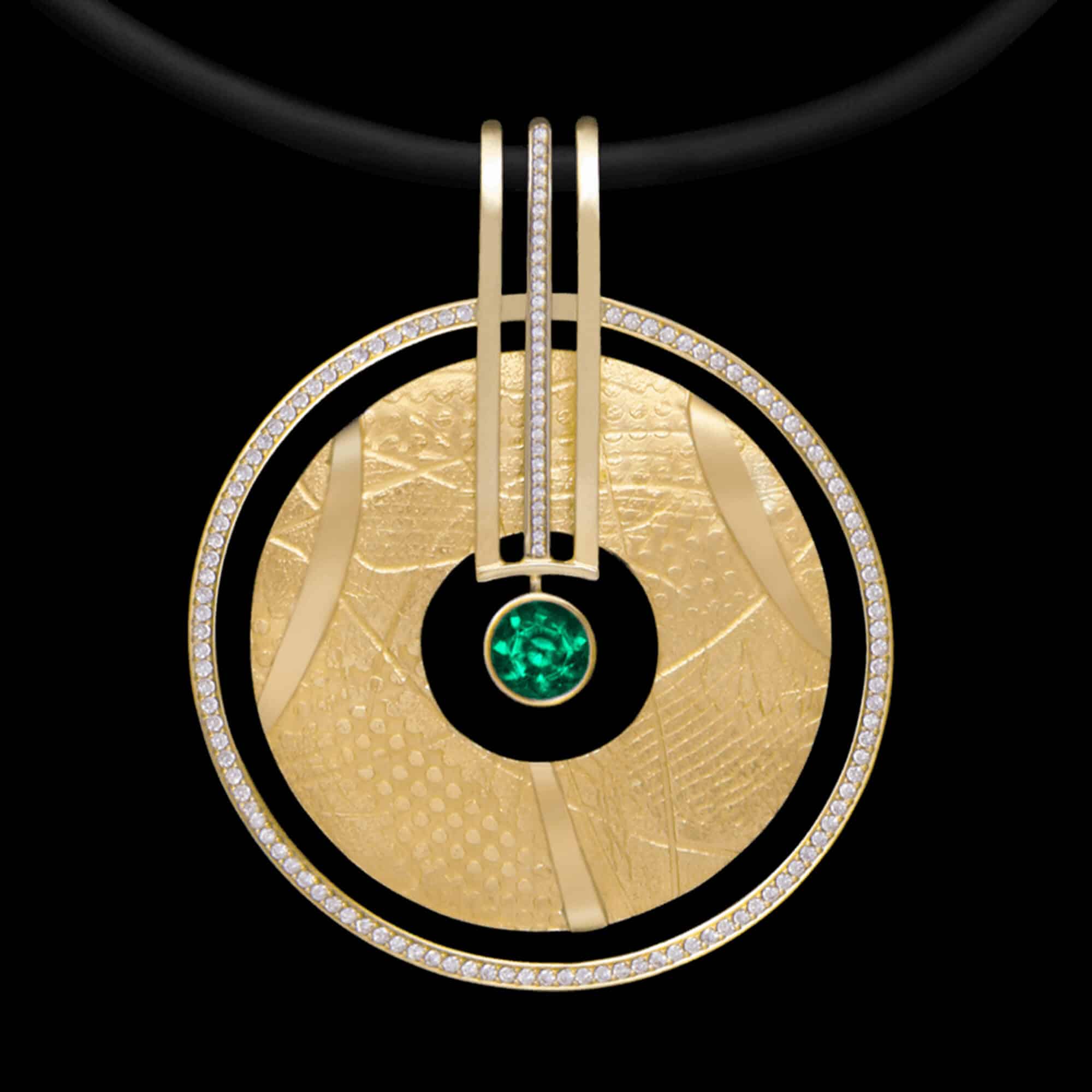 Custom 18kt yellow gold Bindu pendant with emerald and diamonds. Leather collar | Shield Collection. FRIDA | Fine Jewellery.