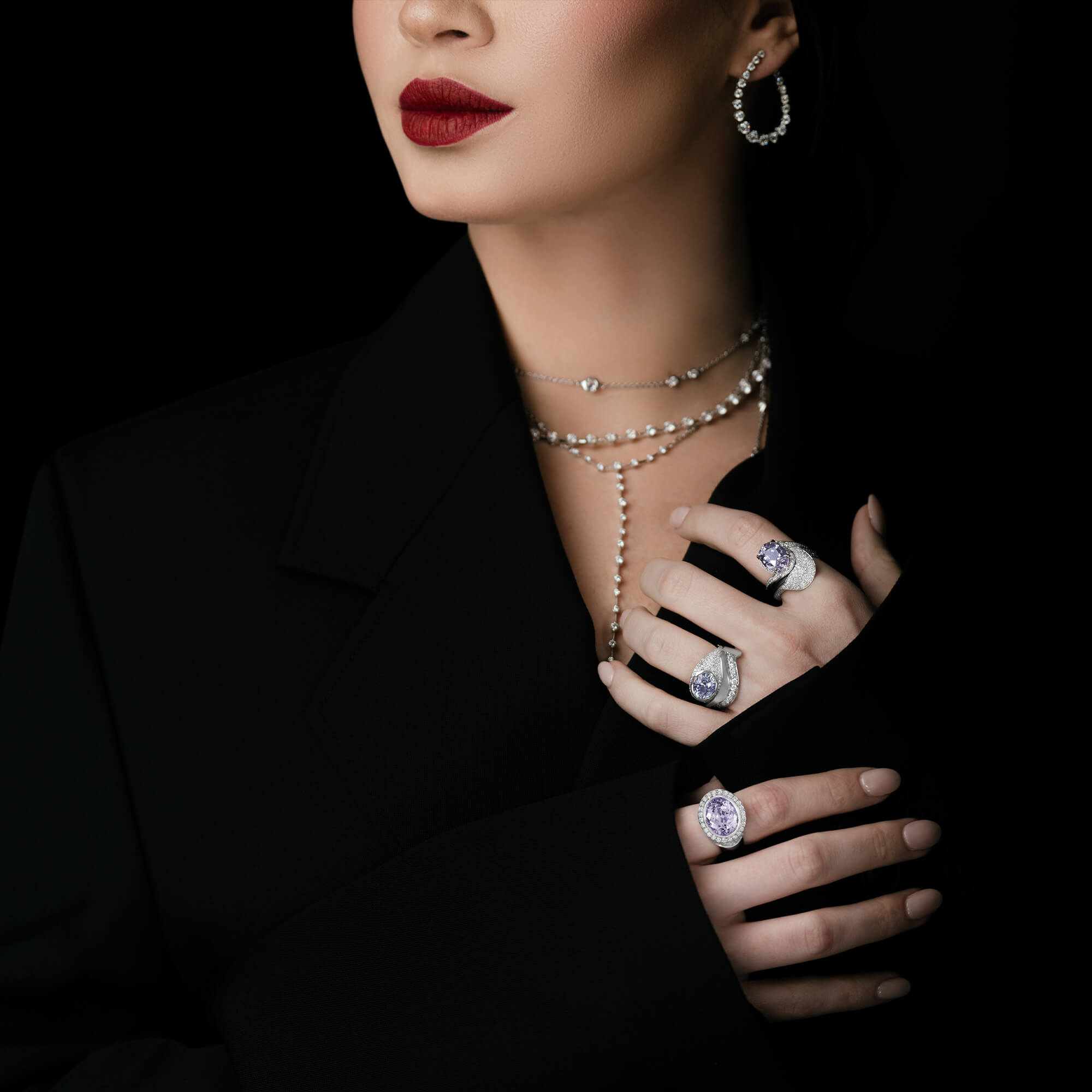 Custom statement 18kt gold, diamond earrings, necklaces and lavender sapphire gemstone rings. Model. FRIDA | Fine Jewellery.