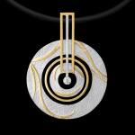 Custom sterling silver and 18kt yellow gold Bindu pendant with diamonds. Leather collar | Shield Collection. FRIDA | Fine Jewellery.