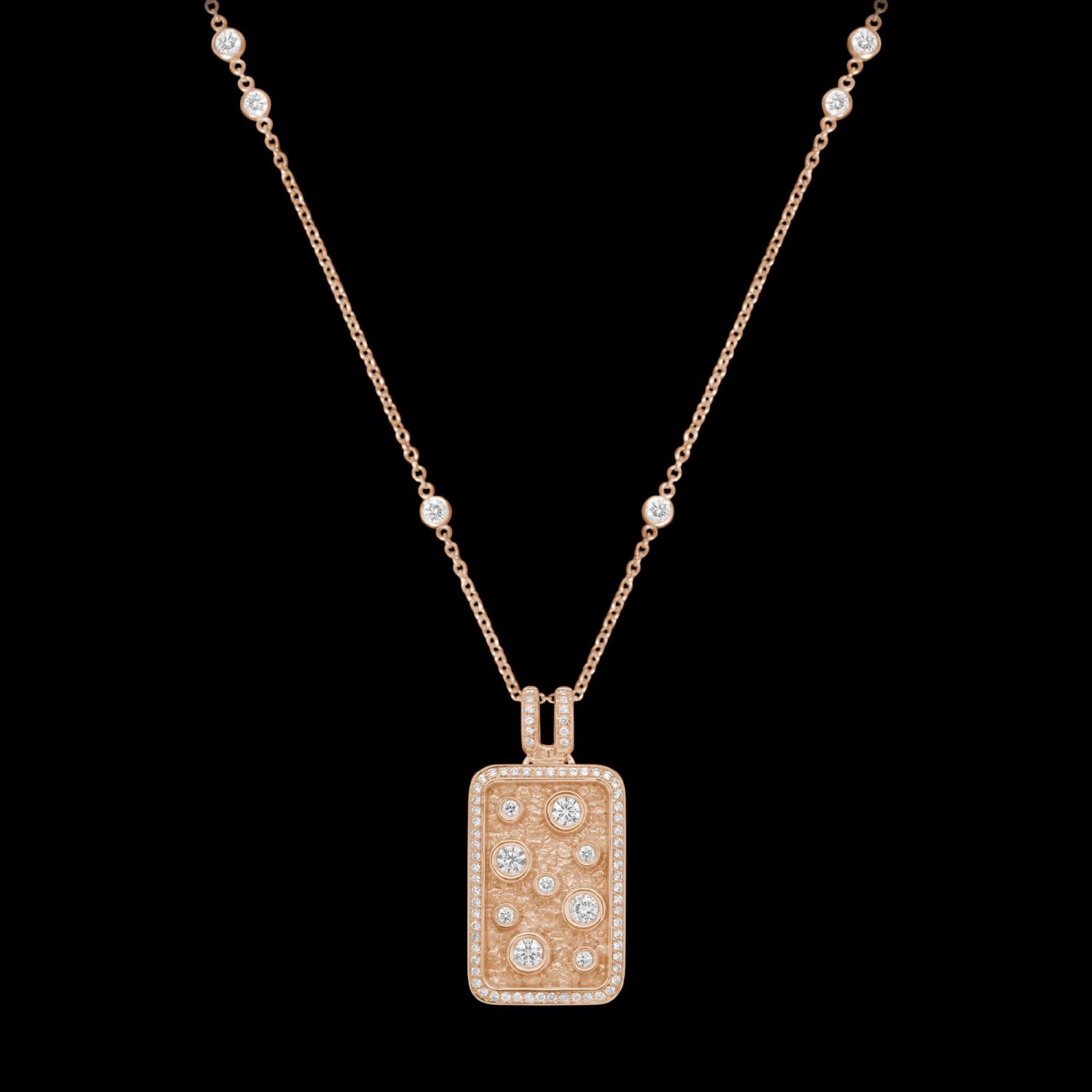 Custom 18kt pink gold statement dog tag pendant. Diamond chain necklace. FRIDA | Fine Jewellery.