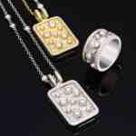 Custom 18kt white and yellow gold statement dog tag pendants. FRIDA | Fine Jewellery.