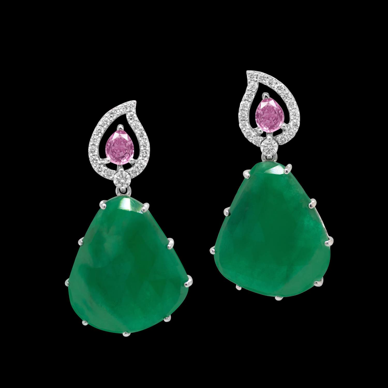 Custom 18kt white gold drop earrings with free-form emeralds, pink sapphires and diamonds. FRIDA | Fine Jewellery.