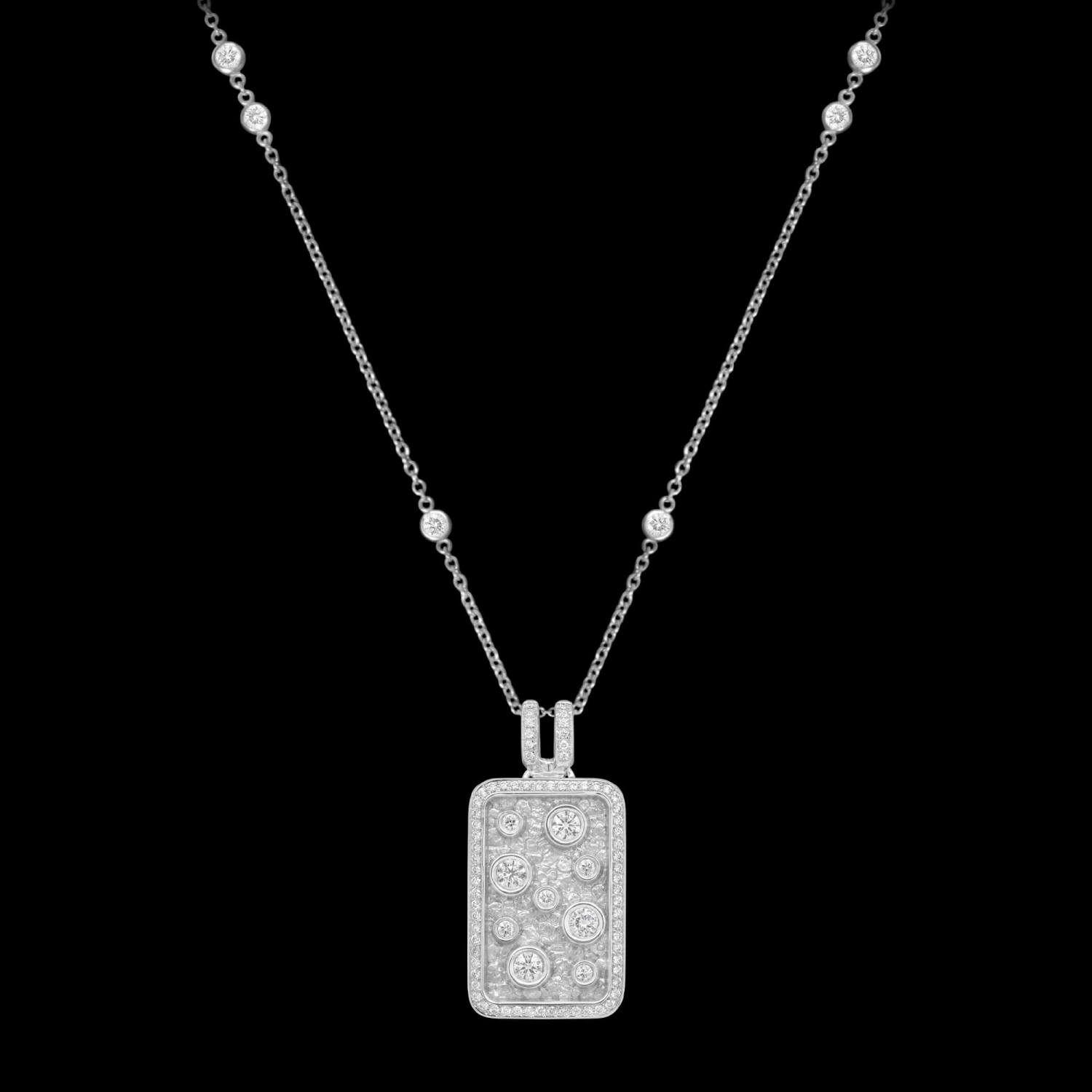 Custom 18kt white gold statement dog tag pendant. Diamond chain necklace. FRIDA | Fine Jewellery.