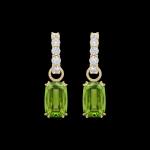 Custom 18kt yellow gold and diamond huggie hoop earring with Burmese peridot gemstone drops. FRIDA | Fine Jewellery.