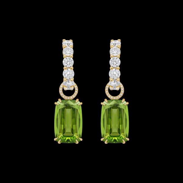 Custom 18kt yellow gold and diamond huggie hoop earring with Burmese peridot gemstone drops. FRIDA | Fine Jewellery.