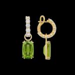 Custom 18kt yellow gold and diamond huggie hoop earring with Burmese peridot gemstone drops. Side. FRIDA | Fine Jewellery.