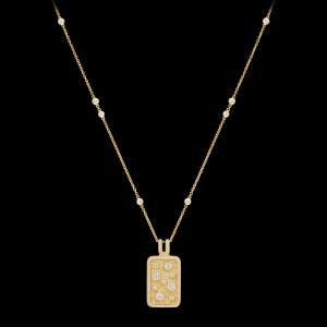 Custom 18kt yellow gold statement dog tag pendant. Diamond chain necklace full. FRIDA | Fine Jewellery.