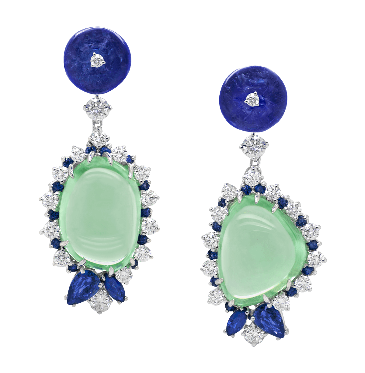 Custom one-of-a-kind 18kt white gold drop earrings with free-form Paraiba tourmaline, Tanzanite, blue sapphires and diamonds. Decorate yourself. FRIDA | Fine Jewellery.