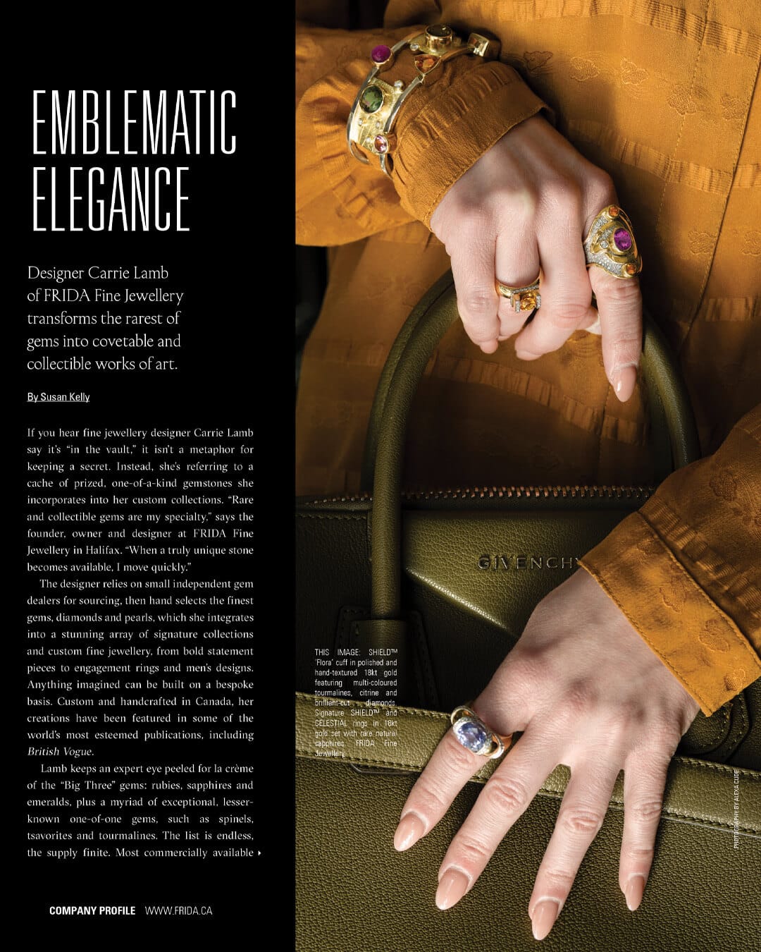 FRIDA Fine Jewellery Company Profile featured in Living Luxe Magazine. Toronto luxury lifestyle, design and decor. Page 1. Autumn Issue 2025.
