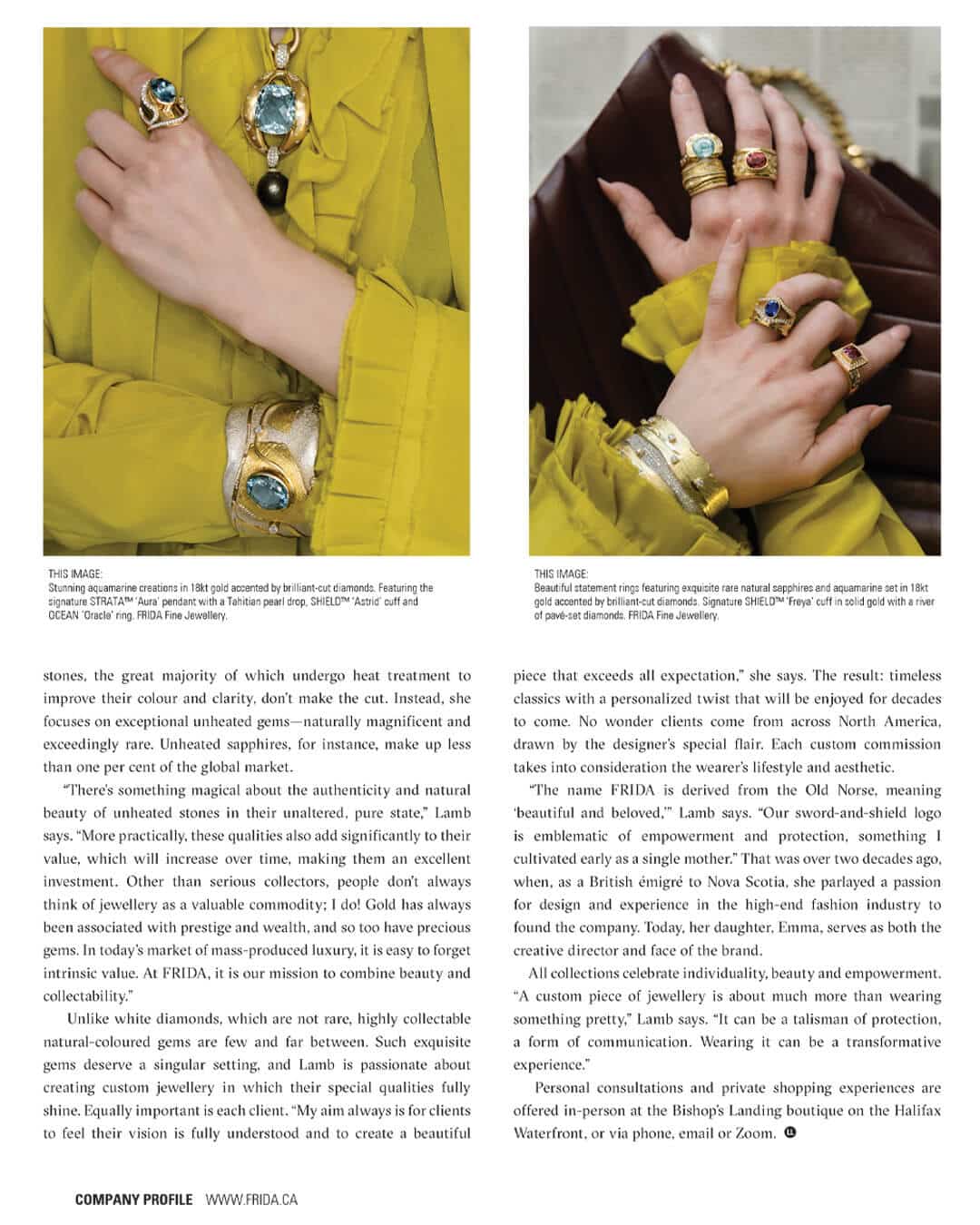 FRIDA Fine Jewellery Company Profile featured in Living Luxe Magazine. Toronto luxury lifestyle, design and decor. Page 2. Autumn Issue 2025.