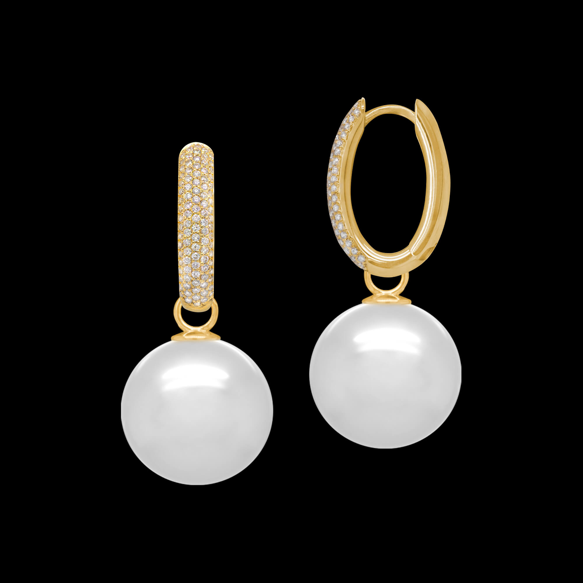 Custom 18kt yellow gold detachable earring drops with white South Sea pearls on pave diamond huggie hoop earrings. Side. FRIDA | Fine Jewellery.