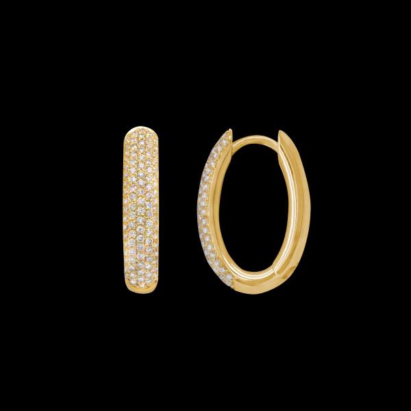 Custom 18kt yellow gold oval huggie hoop earrings with five rows of pave diamonds. FRIDA | Fine Jewellery.