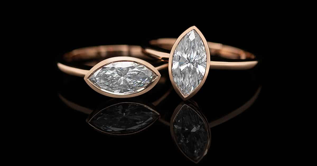 Custom 18kt pink gold marquise diamond engagement rings. East-West. Top engagement trends 2026. FRIDA | Fine Jewellery.