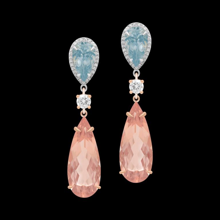 Custom 18kt pink gold statement dangle earings with morganites, aquamarines and diamonds. FRIDA | Fine Jewellery.