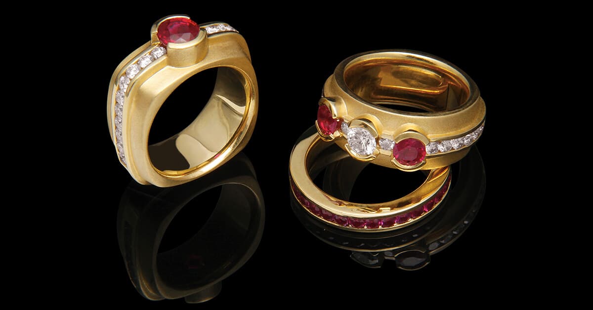 Custom 18kt yellow gold Elska engagement rings with rubies and diamonds | Signature Engagement. Engagement Ring Trends 2026. Bold Gold Bands. FRIDA | Fine Jewellery