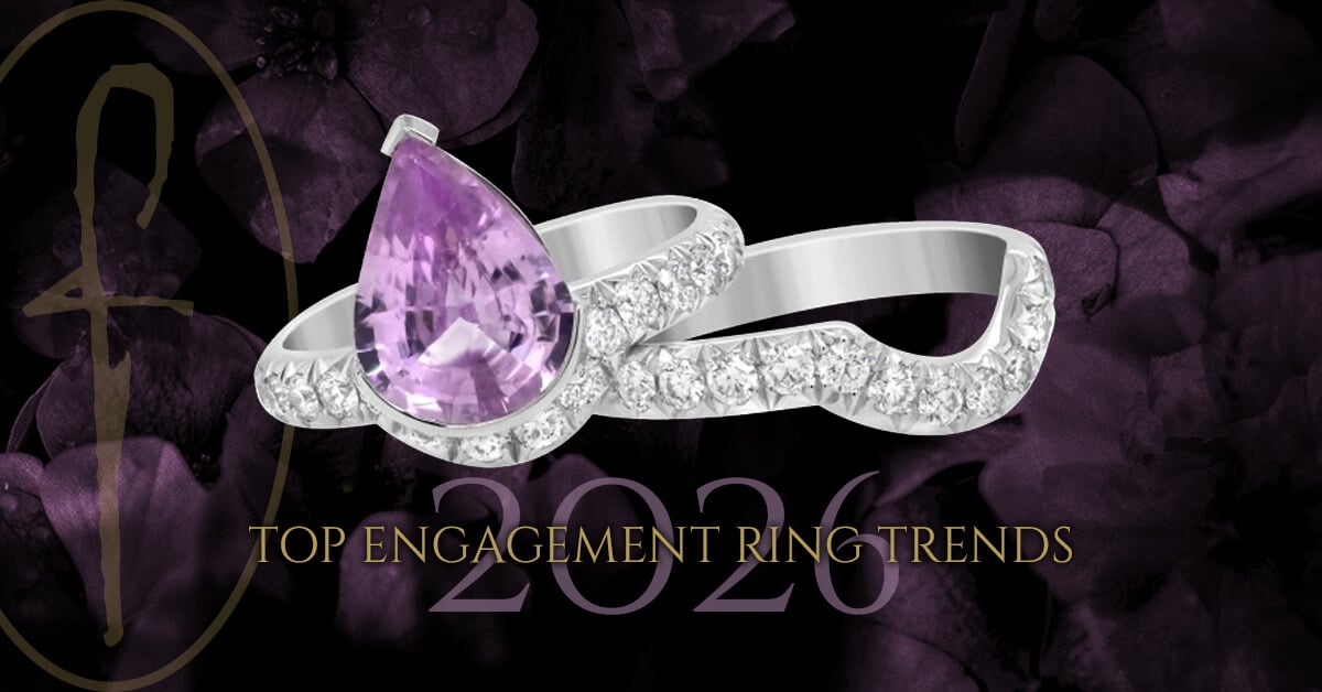 Top Engagement Ring Trends 2026. Bold gold, sculptural settings, coloured gemstones, vintage details, custom design. FRIDA | Fine Jewellery.