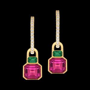 Custom 18kt yellow gold gem drop earrings with Rhodolite garnets and emeralds. Diamond hoops. Front. FRIDA | Fine Jewellery.