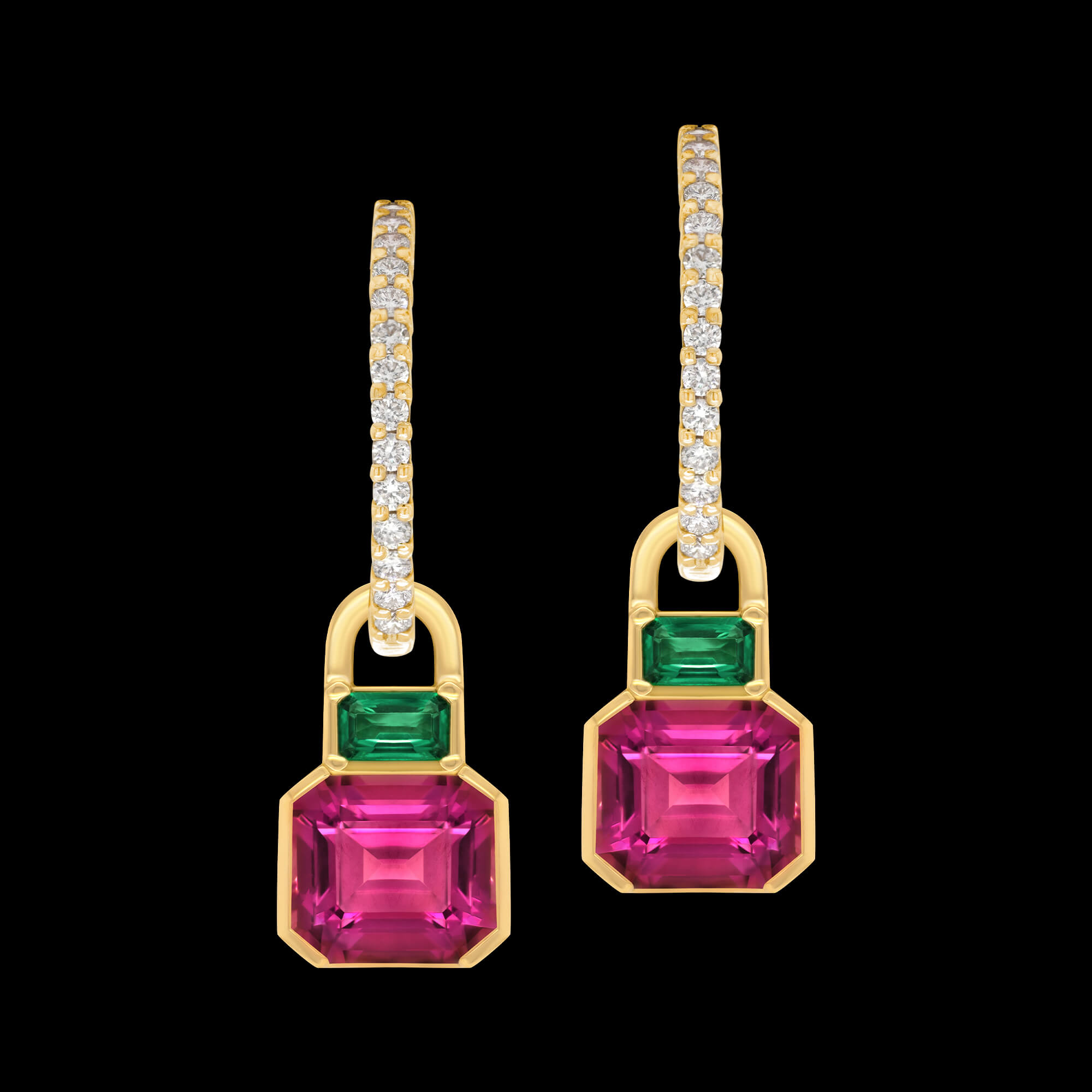 Custom 18kt yellow gold gem drop earrings with Rhodolite garnets and emeralds. Diamond hoops. Front. FRIDA | Fine Jewellery.